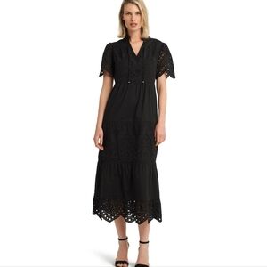 H HALSTON NWT🏷️ Black Stretch Cotton Tiered Short Sleeve Dress V-neck A-line  L